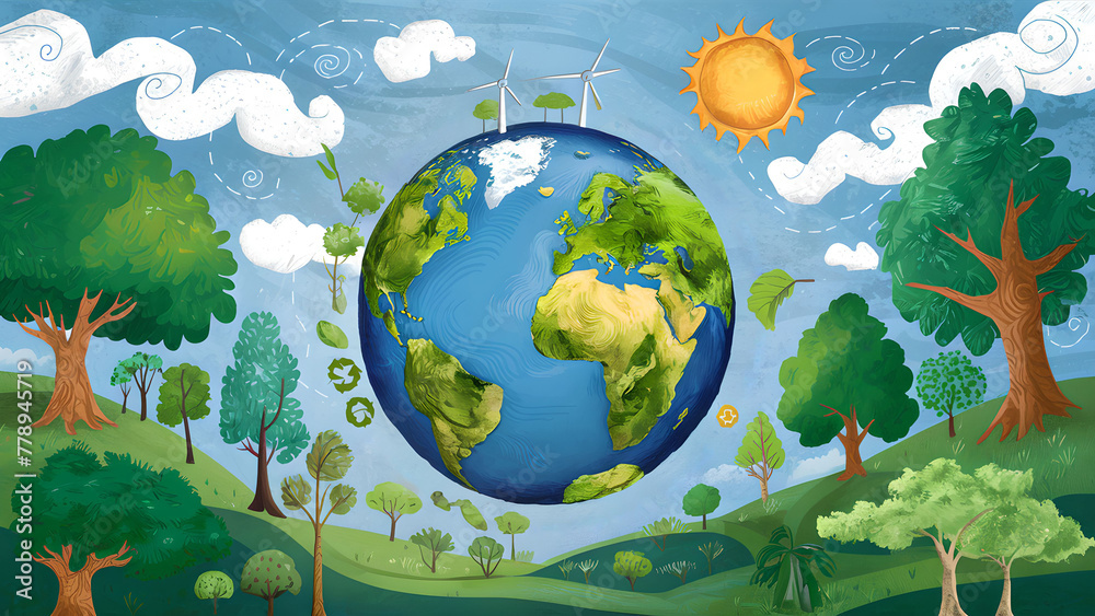 Naklejka premium Sustainable Earth: Ecosystem with Trees, Sun, and Elements of Conservation