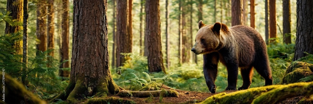 Brown bear in the woods, big wild animal in the lush green forest. walking and sitting in the jungle. made with generative AI technology. Brown bear in the woods, big wild animal in the lush green forest. walking and sitting in the jungle. made with generative AI technology.