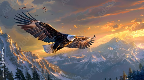 Majestic Bald Eagle in Flight - Mountain Wilderness - Sunset Freedom