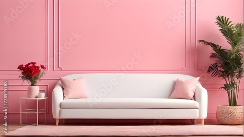 Valentine s Day mockup frame featuring a white sofa set against a pink wall.