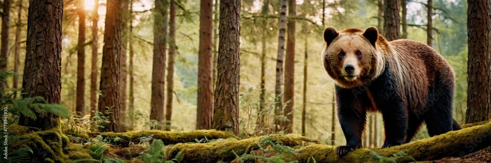 Obraz premium Brown bear in the woods, big wild animal in the lush green forest. walking and sitting in the jungle. made with generative AI technology. 