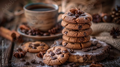 Cookies au goût chocolat-café empilés sur rondin de bois