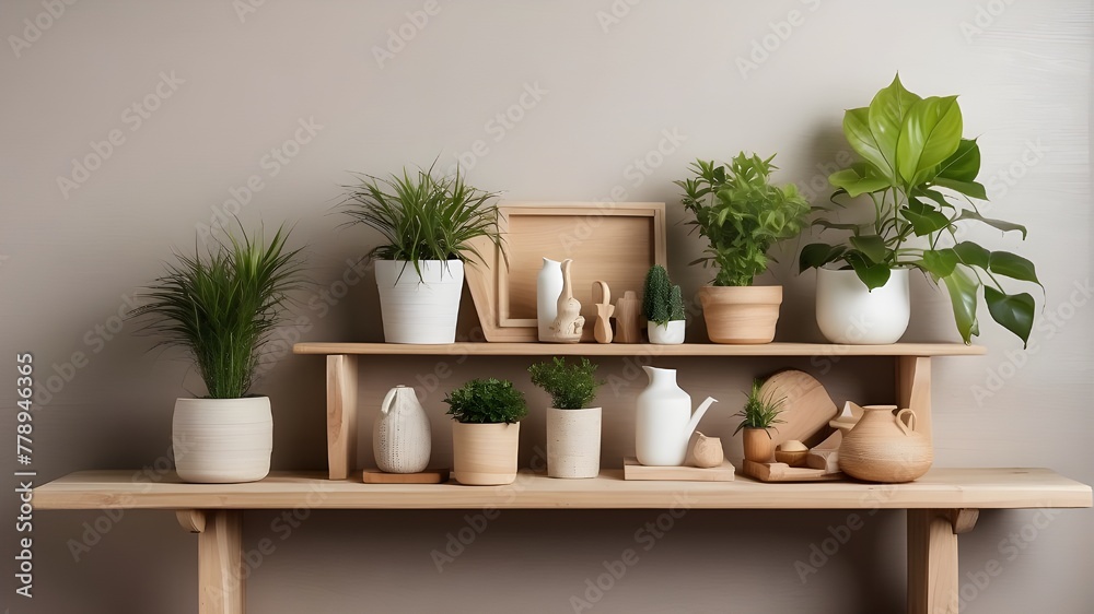 A mock-up wall including decorative plants and items on a wooden shelf.
