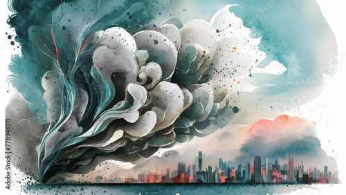 City Smog: Watercolor Illustration of PM2.5 Air Pollution