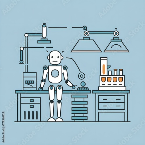 AI Innovation Lab: Flat Design Illustration of Robot in Laboratory