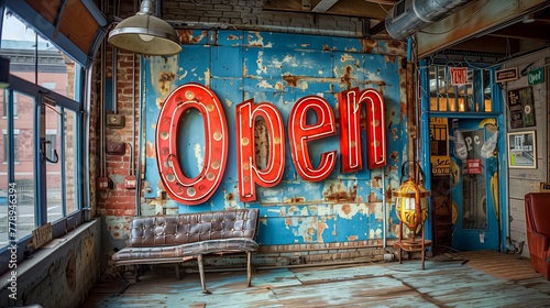 Retro Vibes - Neon Open Sign on Weathered Wall