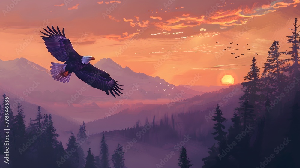 Majestic Bald Eagle in Flight - Mountain Wilderness - Sunset Freedom - obrazy, fototapety, plakaty 