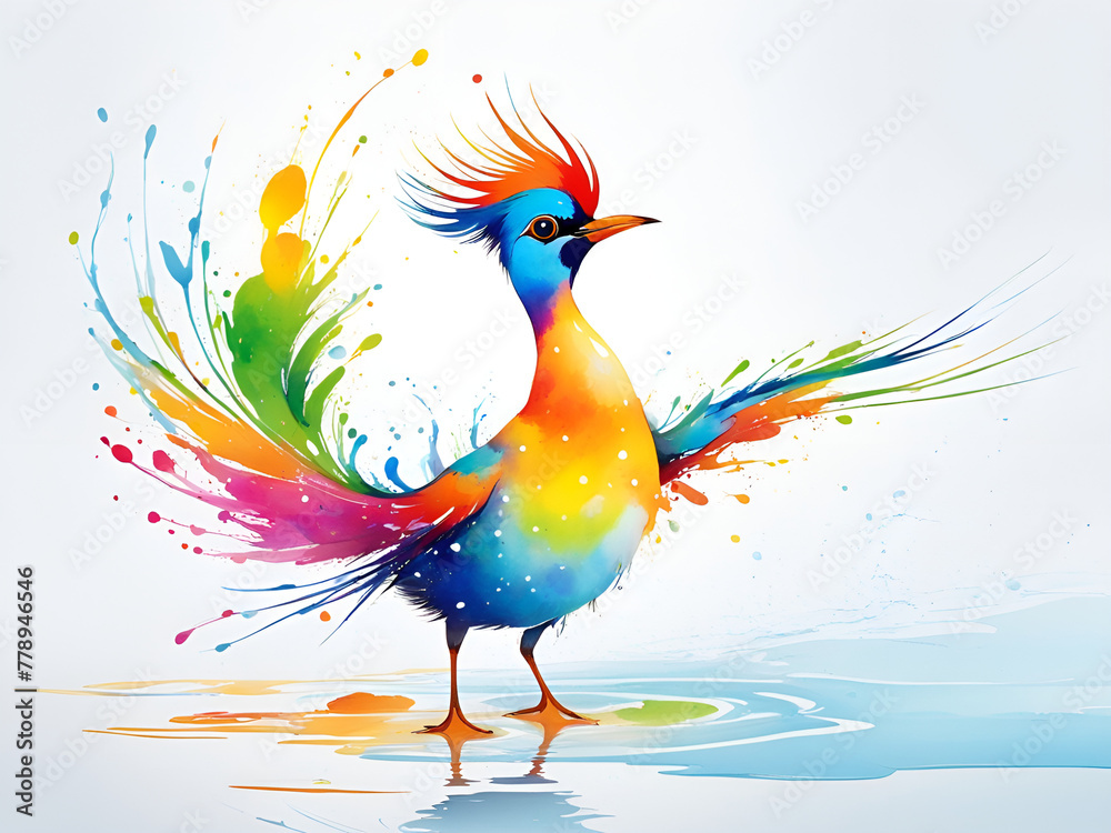 Obraz premium A bird composed of colored particles and lines, bird of paradise posing in various postures in colorful water, and an abstract painting composed of colored line backgrounds