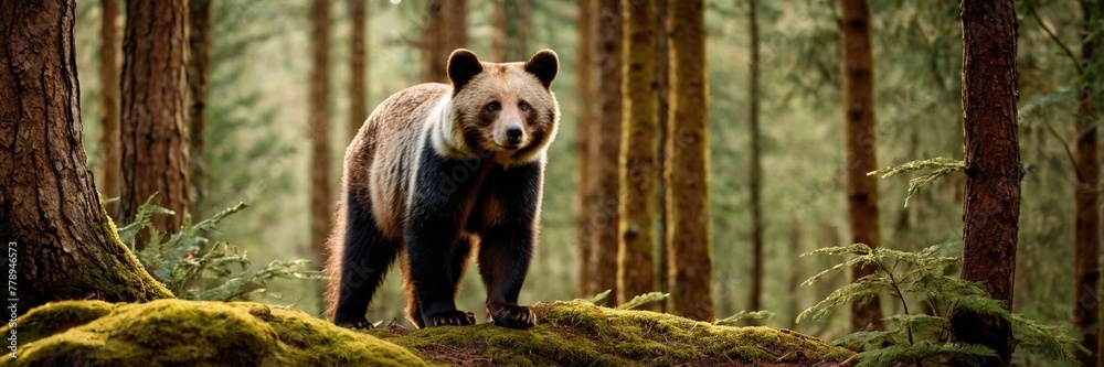 Brown bear in the woods, big wild animal in the lush green forest. walking and sitting in the jungle. made with generative AI technology. Brown bear in the woods, big wild animal in the lush green forest. walking and sitting in the jungle. made with generative AI technology.