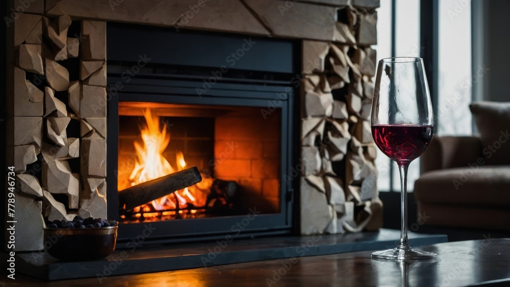 wine in a wine glass by an elegant fireplace in the evening. Concept of romantic and love.