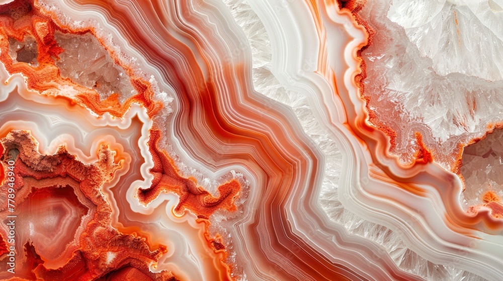 Red and white agate surface with swirling patterns, showcasing the beauty of natural stone in a closeup view Red and white agate surface with swirling patterns, showcasing the beauty of natural stone in a closeup view