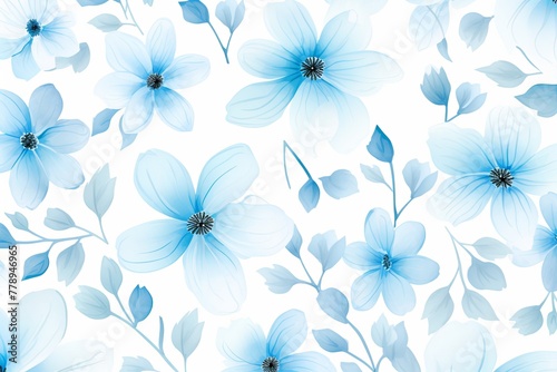 Sky Blue flower petals and leaves on white background seamless watercolor pattern spring floral backdrop 