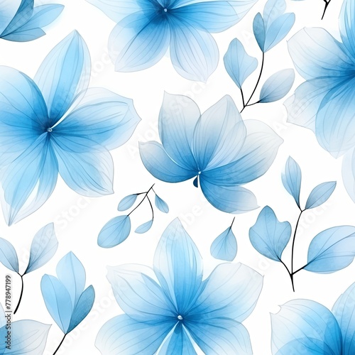 Sky Blue flower petals and leaves on white background seamless watercolor pattern spring floral backdrop 