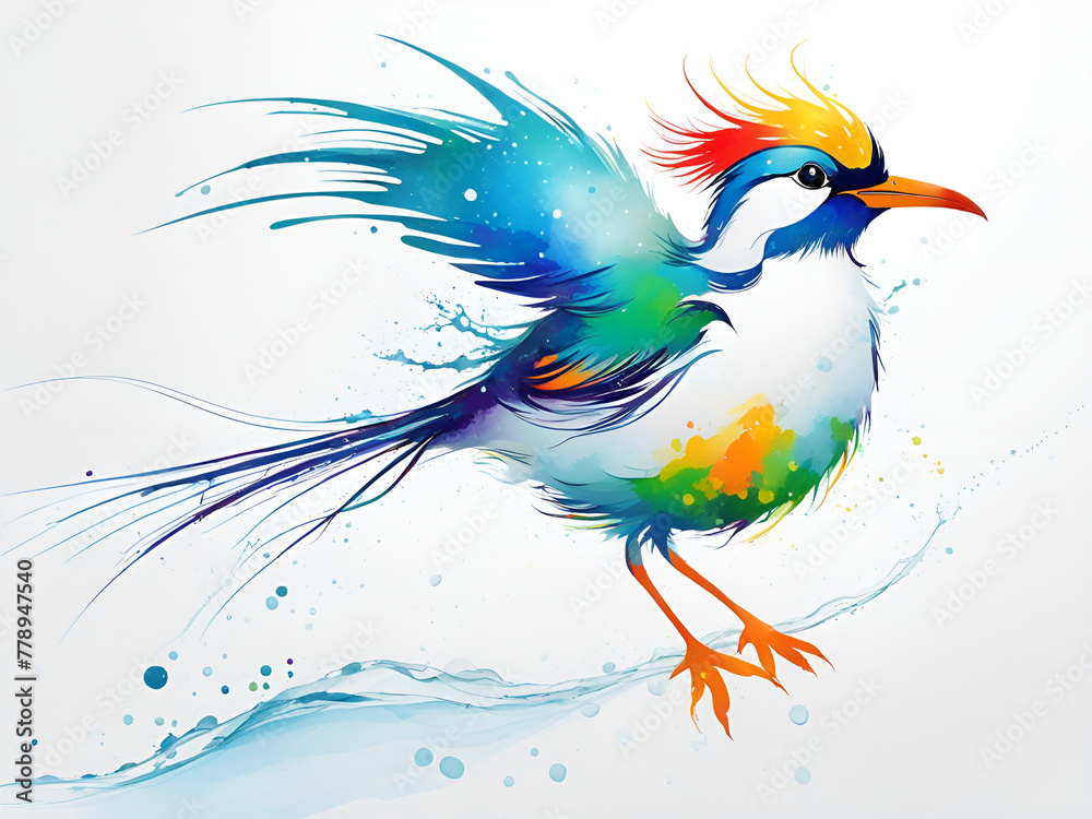Fototapeta premium A bird composed of colored particles and lines, bird of paradise posing in various postures in colorful water, and an abstract painting composed of colored line backgrounds
