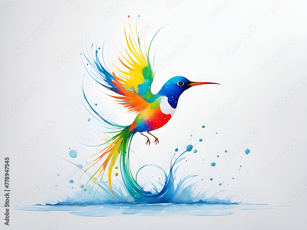 Obraz premium A bird composed of colored particles and lines, bird of paradise posing in various postures in colorful water, and an abstract painting composed of colored line backgrounds