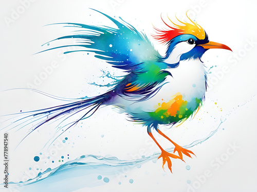 A bird composed of colored particles and lines    bird of paradise posing in various postures in colorful water  and an abstract painting composed of colored line backgrounds