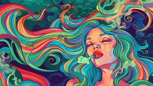 smoking weed, cartoon mermaid with long colorful hair, illustration, colorful background
