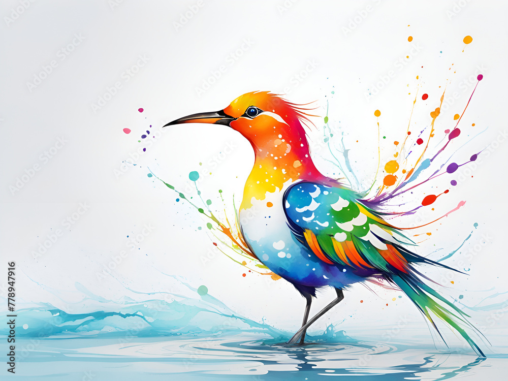Fototapeta premium A bird composed of colored particles and lines, bird of paradise posing in various postures in colorful water, and an abstract painting composed of colored line backgrounds