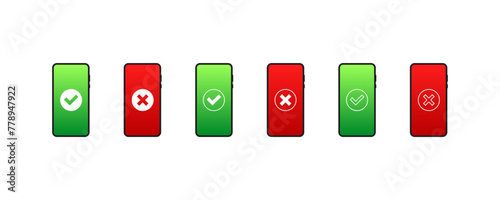 Checkmark and cross icons set. Phone screen mockup. Flat style. Vector icons
