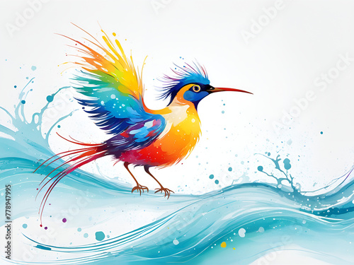 A bird composed of colored particles and lines, bird of paradise posing in various postures in colorful water, and an abstract painting composed of colored line backgrounds