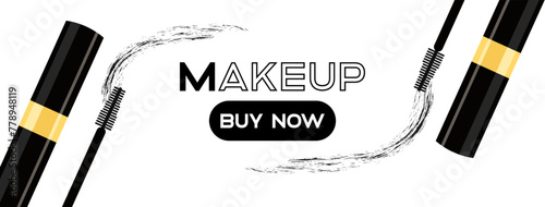 Makeup banner icon. Buy now button. Cosmetics design. Flat style. Vector icon