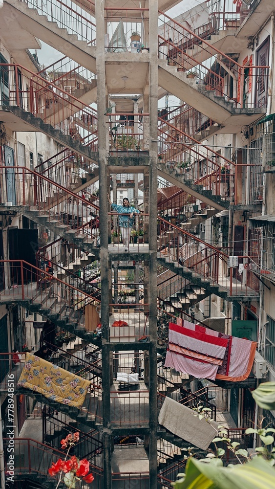 View of a stairwell shared by two residential buildings in a residential area of Nanning City, Guangxi Zhuang Autonomous Region, South China,
