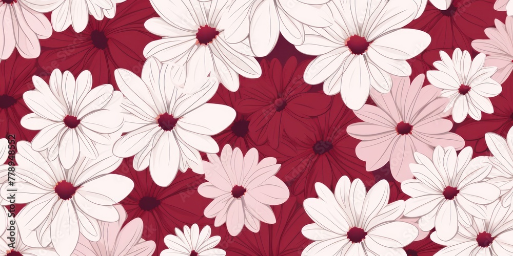 Maroon and white daisy pattern, hand draw, simple line, flower floral spring summer background design with copy space for text or photo backdrop 