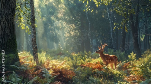 Captivating forest deer among ferns at dawn, detailed textures, rich colors, wildlife habitat