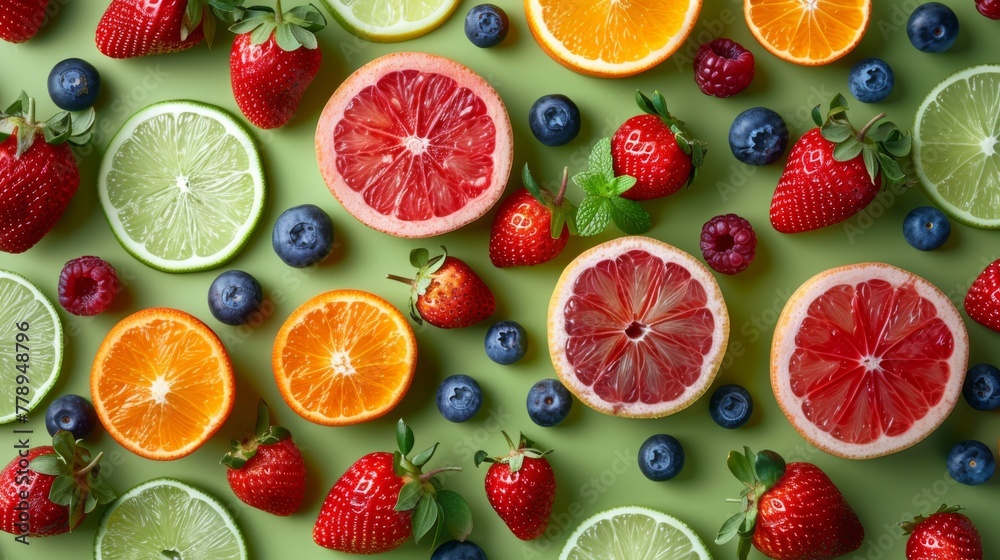 Assorted fresh fruits including oranges, grapefruits, strawberries, blueberries, and mint leaves arranged on a green background.