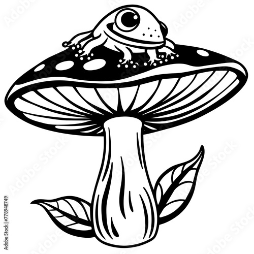 frog on a mushroom, black frog face silhouette vector illustration,icon,svg,frog mushroom cap characters,Holiday t shirt,Hand drawn trendy Vector illustration,frog mushroom cap on black background photo