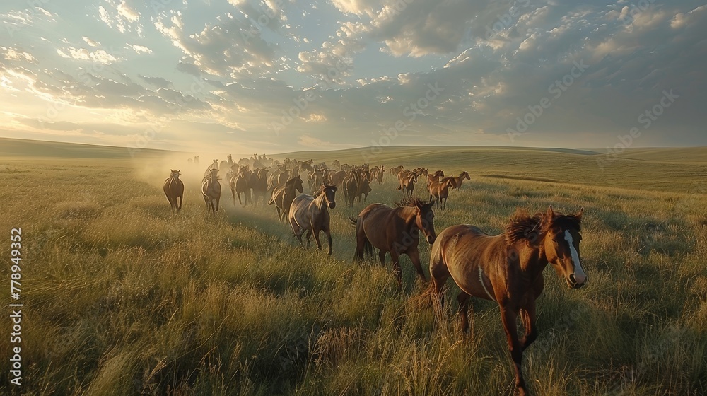 Dynamic wild horses galloping in high res grassland under dramatic cloudy sky, extreme detail - obrazy, fototapety, plakaty 