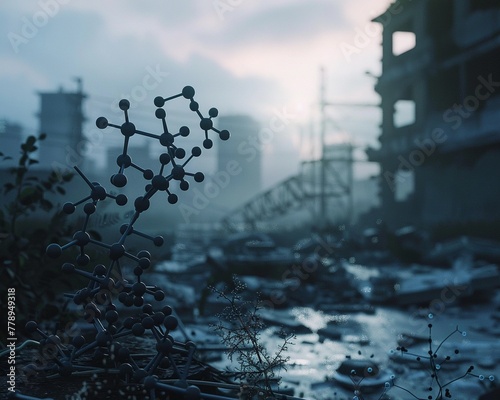 Biotech wasteland, molecular models scattered among ruins, cautionary tale of science, dusk setting.
