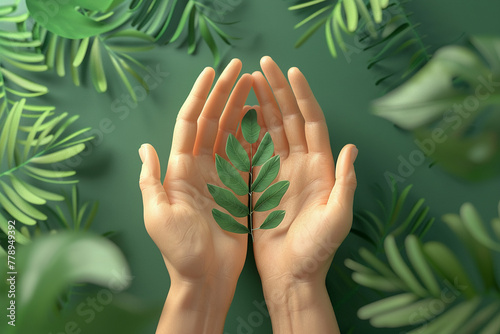 3d render of hands surrounding leaf against green background, 3D render, 3DCG, super detailed photo