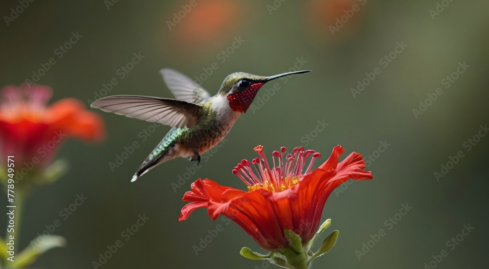 Naklejka premium A hummingbird gracefully hovers near a vibrant red flower, showcasing the beauty of nature's delicate creatures.