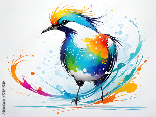 A bird composed of colored particles and lines    bird of paradise posing in various postures in colorful water  and an abstract painting composed of colored line backgrounds