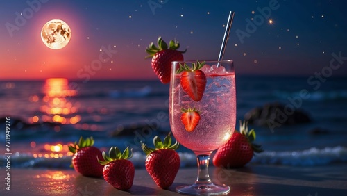 Cold drink and strawberries on seascape background