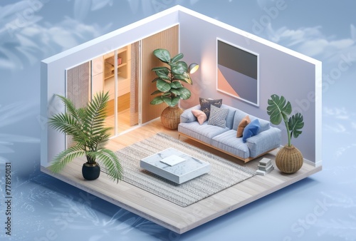 KS isometric cutaway of a minimal living room 3D rende
