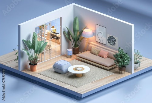 KS isometric cutaway of a minimal living room 3D