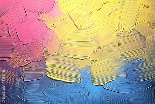 Abstract oil painting on canvas with blue, pink and yellow colors.