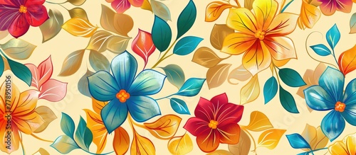 Vivid flower pattern displayed in a close-up shot against a bright yellow background  creating a vibrant and cheerful image.