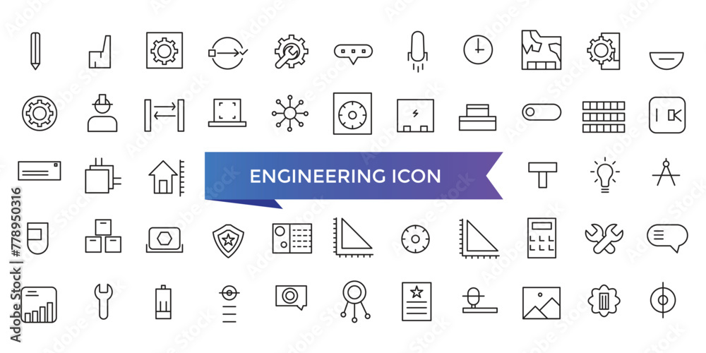 Engineering icon collection. Related to blueprint, engineer, tools, construction, mechanical, industrial, worker, engine icons. Line icon set.