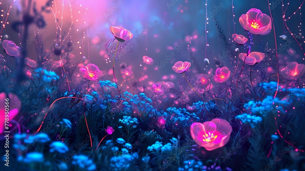Neon Bloom: Enchanted Floral Fantasia./n - obrazy, fototapety, plakaty 