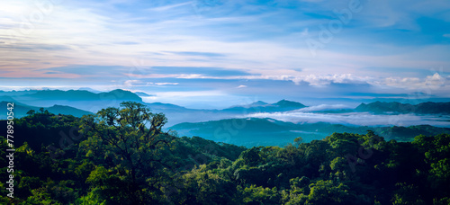 The background of nature with fog on the mountain. In the rainy weather in the countryside. winter