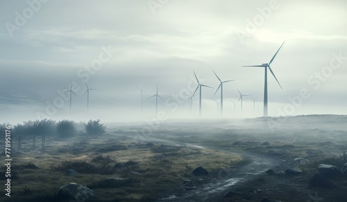 Panoramic scenic view of windmill or turbine for clean electric energy power production in the field. Generative AI.