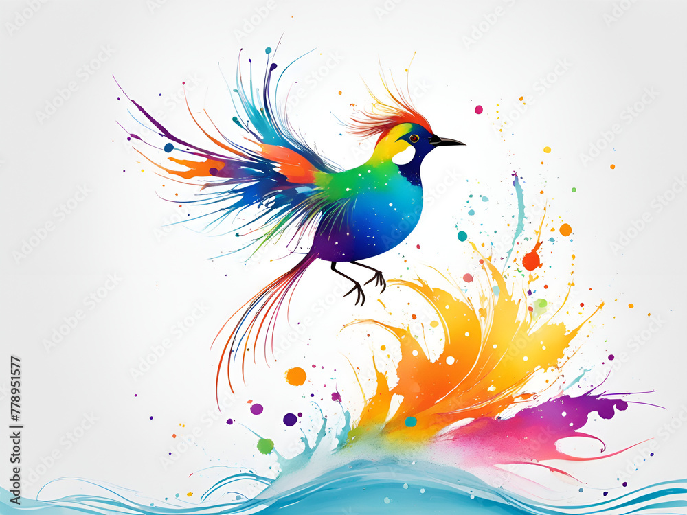 Obraz premium A bird composed of colored particles and lines, bird of paradise posing in various postures in colorful water, and an abstract painting composed of colored line backgrounds