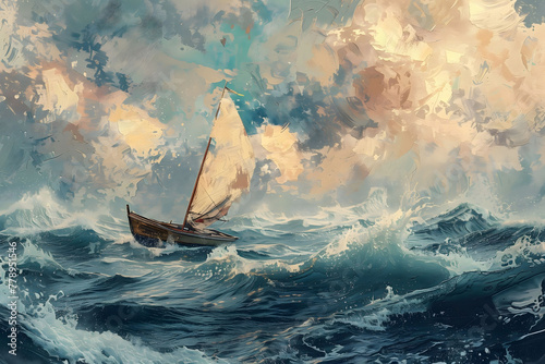 Painting of a small boat lost at sea in high waves