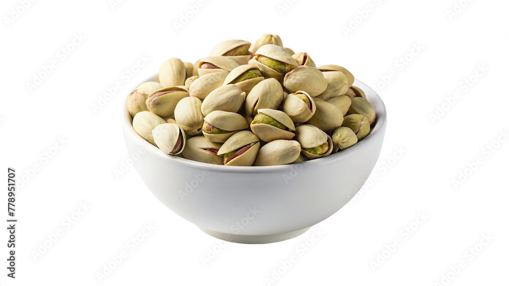 Pistachio nuts in a white bowl isolated on transparent background Pistachio nuts in a white bowl isolated on transparent background