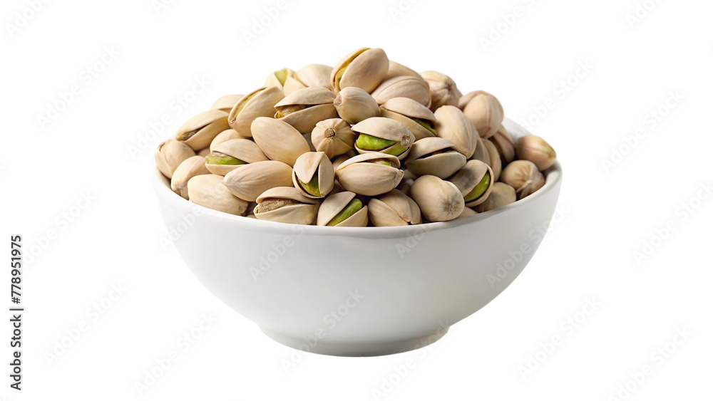 Pistachio nuts in a white bowl isolated on transparent background Pistachio nuts in a white bowl isolated on transparent background