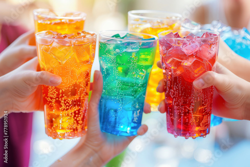Many hands hold a glass of colorful soft drinks to clink at the party photo