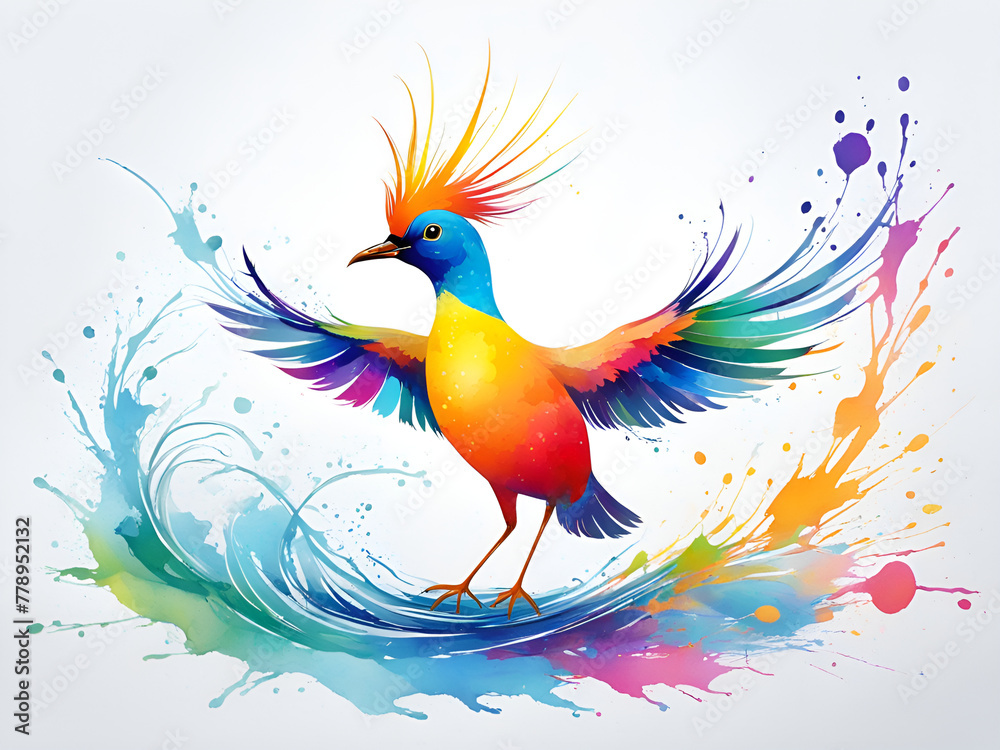 Obraz premium A bird composed of colored particles and lines, bird of paradise posing in various postures in colorful water, and an abstract painting composed of colored line backgrounds